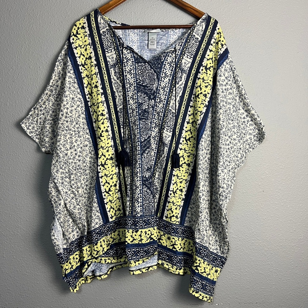 Catherines Floral Poncho Style Kimono SL Tassel‎ Tie Caftan Top Blouse Boho 2X